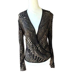 Zozo Zebra Print Long-Sleeve Knit Wrap Top V-Neck Sz. M Black/Brown